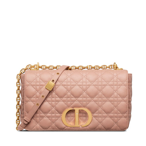 DIOR/迪奧  CARO系列 女士大號玫瑰粉色柔軟牛皮革藤格紋CD扣翻蓋斜挎單肩鏈條包M9243UWHC_M49P