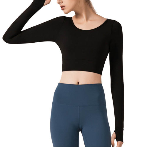 GeleiStory/GeleiStory新款瑜伽長袖T恤女 后背交叉運(yùn)動健身服女士長袖T恤 帶胸墊