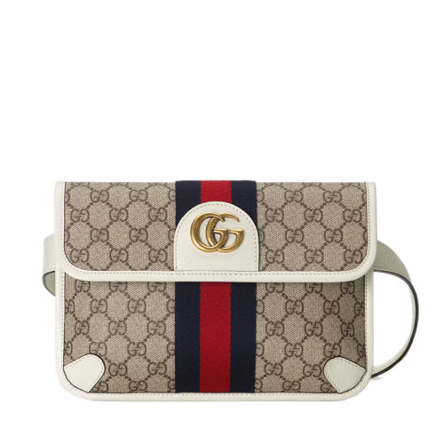 GUCCI/古馳 22春夏新款Ophidia系列 男士米色/烏木色老花帆布白色皮革滾邊紅藍(lán)織帶裝飾金扣腰包67408196IWT9794