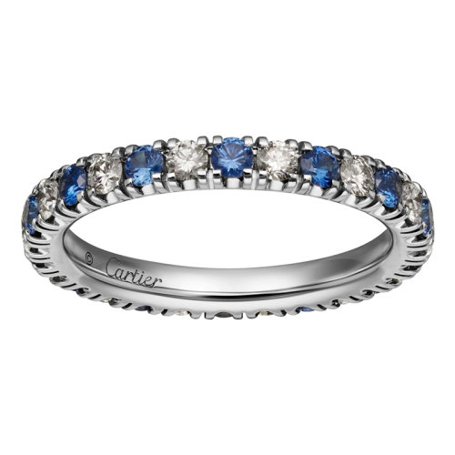 CARTIER/卡地亞 ALLIANCE ETINCELLE系列 18K金鉑金藍(lán)寶石 鑲有14顆0.45克拉明亮式切割鉆石和14顆0.63克拉明亮式切割藍(lán)寶石 結(jié)婚求婚訂婚戒指B4232100