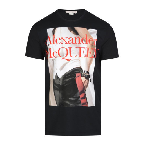 Alexander McQueen/亞歷山大麥昆 男裝 服裝 黑色棉質(zhì)logo圖案印花 男士短袖T恤