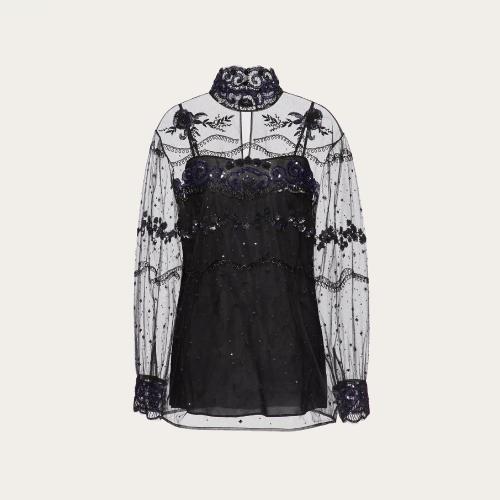  VALENTINO華倫天奴 22年秋冬 女士 長(zhǎng)袖襯衫 TOP BRODé TULLE ILLUSIONE 1B0AE7261ED0NO