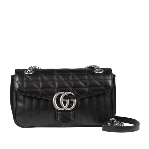 GUCCI/古馳  GG Marmont系列 女士小號黑色絎縫皮革復(fù)古銀飾雙G翻蓋斜挎單肩包?443497UM8AN1000