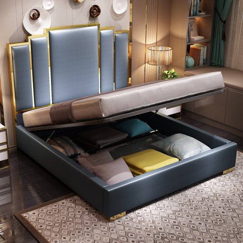 GeleiStory/GeleiStory后現(xiàn)代美式大床 1.51.8米輕奢皮藝公主婚房網(wǎng)紅家具 汽壓高箱儲(chǔ)物   床