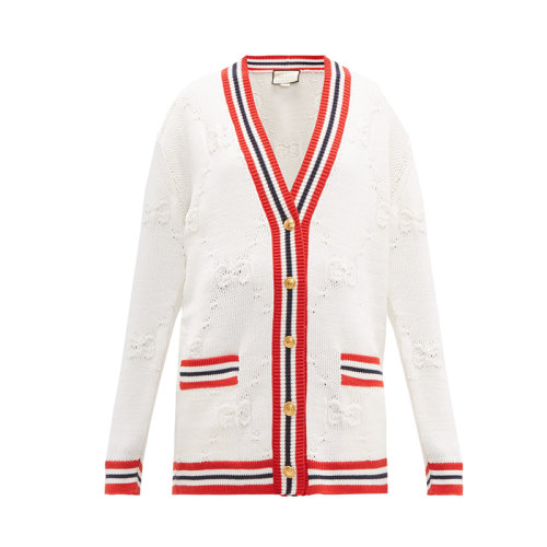 GUCCI/古馳  古琦女裝 經(jīng)典雙G 女士白色羊毛條紋飾邊針織衫/毛衣 574182 XKARR 9376