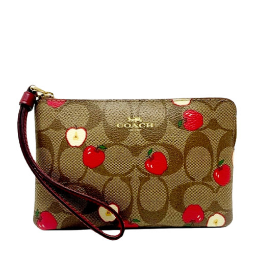 COACH/蔻馳 女士卡其配紅色PVC配皮雙C字母徽標(biāo)蘋果印花裝飾拉鏈開合手拿包錢包手包腕包女包 F6979IME7V