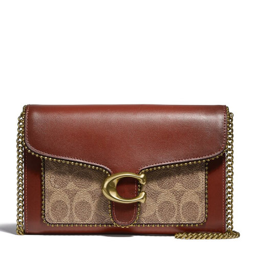COACH/蔻馳 Tabby系列女士拼色涂層帆布/配皮經(jīng)典雙C字母徽標(biāo)印花圖案珠鏈飾邊按扣開合單肩包斜挎包手拿包錢包女包 6909B4NQ4