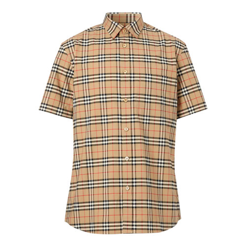 BURBERRY/博柏利 短袖小格紋彈力棉襯衫 男士短袖襯衫