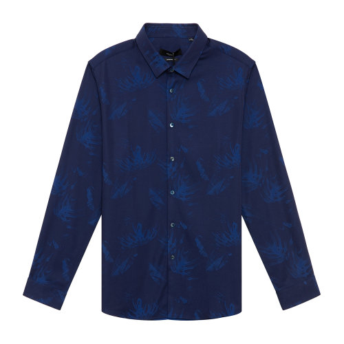 DIDIBOY/迪迪博邇男士長袖襯衫休閑百搭秋冬新款襯衫柔軟親膚印花襯衫時尚簡約上裝潮流內(nèi)搭深藍(lán)