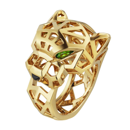 CARTIER/卡地亞 Panthère 系列 18K金黃金瑪瑙沙弗萊石石榴石戒指 鑲嵌2個沙弗來石榴石N4767900