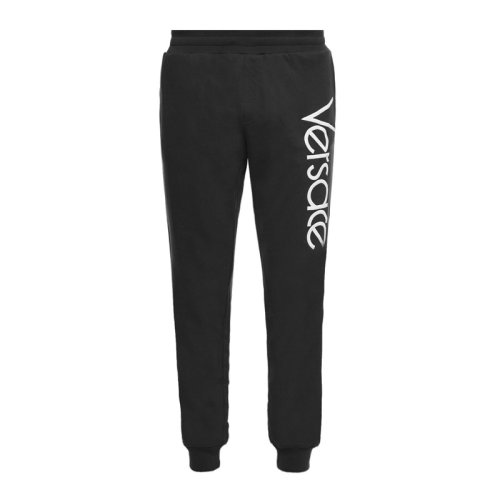 VERSACE/范思哲 男士黑色棉質(zhì)經(jīng)典字母徽標印花裝飾束腳休閑褲運動褲長褲男褲 A80474-A217878-A99C