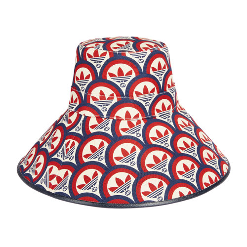 GUCCI/古馳 22年秋冬新款 adidas聯(lián)名系列 女士藍色/紅色棉麻混紡老花圖案寬邊帽6964824HAQF6468