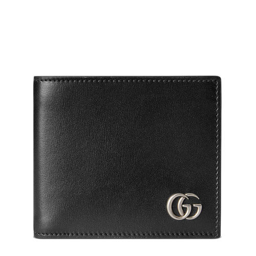 GUCCI/古馳 GG Marmont系列 男士黑色光滑皮革銀色雙G裝飾雙折錢包4287260YK0N1000