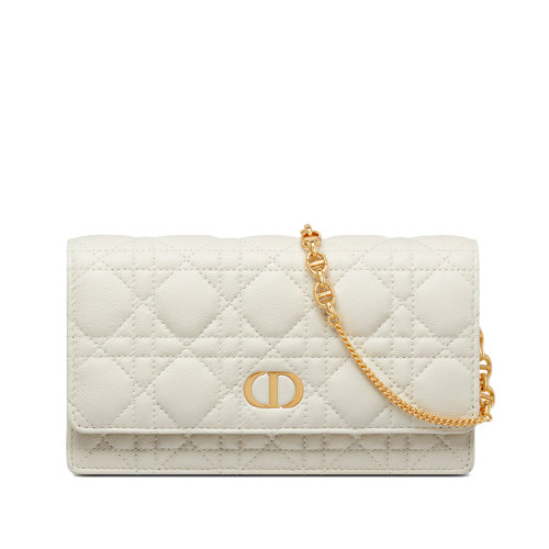 DIOR/迪奧 22新款Caro系列 女士白色藤格紋小牛皮CD金扣配可拆卸金鏈單肩手提手拿鏈條錢包S5134UWHC_M030