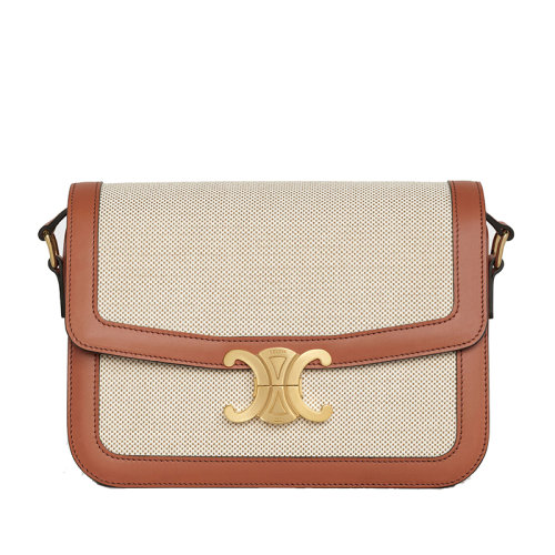 CELINE/賽琳 20TRIOMPHE系列 中號棕色皮革拼米色帆布單肩斜挎包 191242BGI.04LV