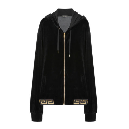 VERSACE/范思哲 男士黑色莫代爾混紡棉質(zhì)希臘回紋邊飾拉鏈開(kāi)合長(zhǎng)袖上衣外套連帽衫 AGU15010-AC00344-A008