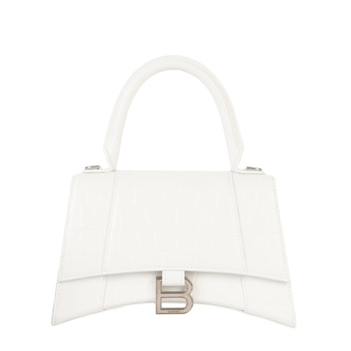 Balenciaga/巴黎世家 21新款HOURGLASS系列 女士小號白色鱷魚壓紋小牛皮復(fù)古金屬扣單肩斜挎手提沙漏包5935461LRGM9016