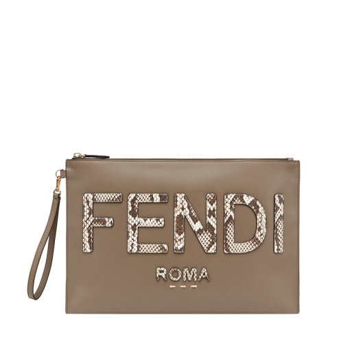 FENDI/芬迪 20  女士大號(hào)棕色小牛皮拉鏈封口蟒蛇皮徽標(biāo)手拿包8N0178AHMJF1FEN