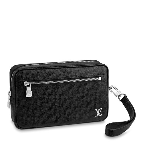 Louis Vuitton/路易威登 22春夏新款KASAI系列 男士黑色牛皮革銀扣徽標(biāo)配可拆卸腕帶手拿包M30441