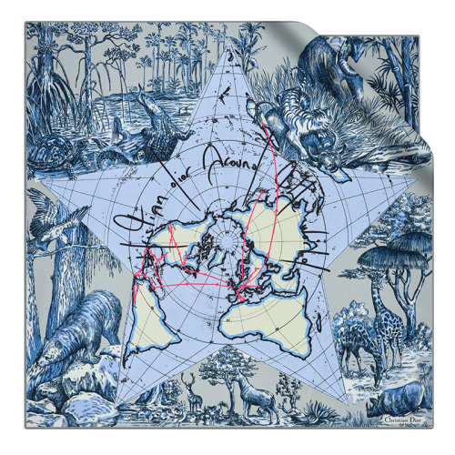 DIOR/迪奧新款 AROUND THE WORLD系列 女士灰色和藍色斜紋真絲方巾15DAW090I604_C805