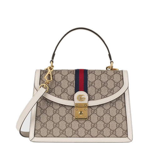 GUCCI/古馳 22春夏新款Ophidia系列 女士小號(hào)米色老花帆布白色皮革滾邊紅藍(lán)織帶細(xì)節(jié)金扣單肩手提包65105596IWX9794