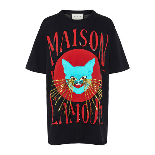 GUCCI/古馳  女裝 服裝 棉質(zhì)貓咪圖案印花時尚休閑oversize半袖 女士短袖T恤貓咪印花
