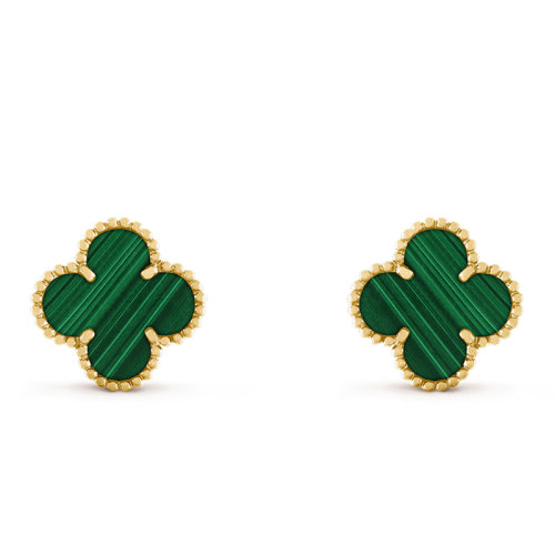 Van Cleef & Arpels/梵克雅寶 經(jīng)典Vintage Alhambra系列 18K金黃金鑲嵌綠色孔雀石四葉草耳釘