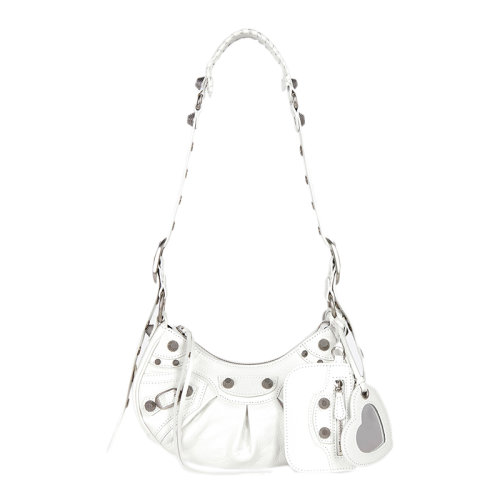 Balenciaga/巴黎世家  LE CAGOLE系列 女士XS號白色小羊皮復(fù)古銀色飾面單肩包6713091VG9Y9104