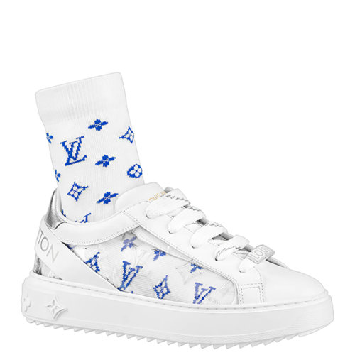 Louis Vuitton/路易威登 22年早春新款 TIME OUT系列 女士白色牛皮革藍(lán)色老花襪子混合材質(zhì)運動鞋1A9PZJ