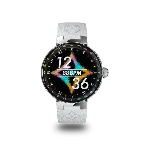 Louis Vuitton/路易威登 22年早春新款 TAMBOUR HORIZON LIGHT UP系列 女士銀色噴砂精鋼表殼可替換白色老花帆布表帶智能腕表44毫米QBB189