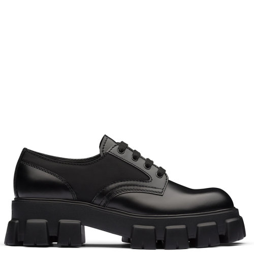 PRADA/普拉達(dá)  Monolith系列 男士黑色亮面皮革和尼龍系帶樂(lè)福鞋2EE342_3LFR_F0002