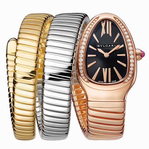 BVLGARI/寶格麗 18K金玫瑰金表殼和黃金和白金手鏈 鑲有圓形明亮式切割鉆石 黑色不透明表盤 SERPENTI TUBOGAS石英手表 35毫米102948