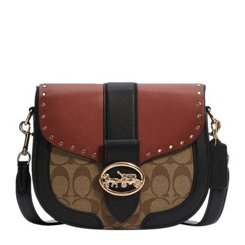 COACH/蔻馳Georgie系列女士拼色涂層帆布配皮經(jīng)典馬車徽標(biāo)按扣開合單肩包斜挎包馬鞍包女包 C3593IMRL7