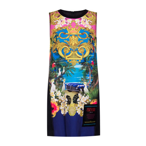 VERSACE JEANS/范思哲牛仔 女士拼色聚酯纖維混紡氨綸印花裝飾短款無袖連衣裙 D2HVA436-S0665-424