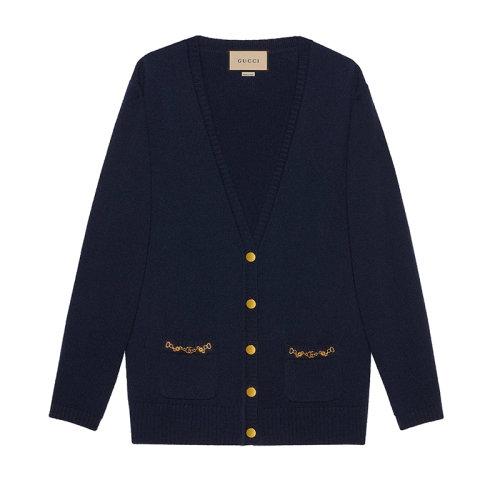 GUCCI/古馳 女士深藍(lán)色雙G鏈條山羊絨開衫662187XKBYJ4759