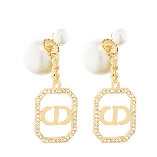 DIOR/迪奧 22春夏新款TRIBALES系列 白色樹脂珍珠透明晶體點綴金色飾面金屬CD墜飾耳環(huán)E1819TRICY_D301