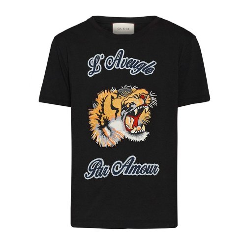 GUCCI/古馳  男裝 服飾 黑色純棉老虎刺繡男士短袖T恤