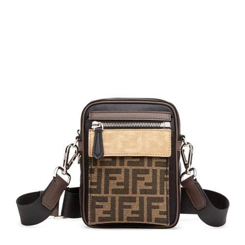 FENDI/芬迪 男士棕黑拼色尼龍配皮經(jīng)典雙F提花徽標(biāo)裝飾拉鏈開合單肩包斜挎包郵差包男包 7VA488-A7UW-F19A5