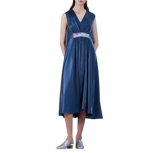 HUI/卉 女士連衣裙20春季新款深藍色連衣裙V領(lǐng)無袖設(shè)計光感科技面料