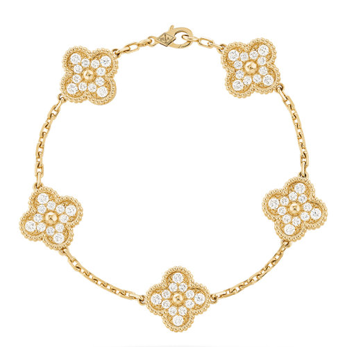 Van Cleef & Arpels/梵克雅寶 經(jīng)典Vintage Alhambra系列 18k金黃金鑲鉆5四葉草手鏈VCARA41400
