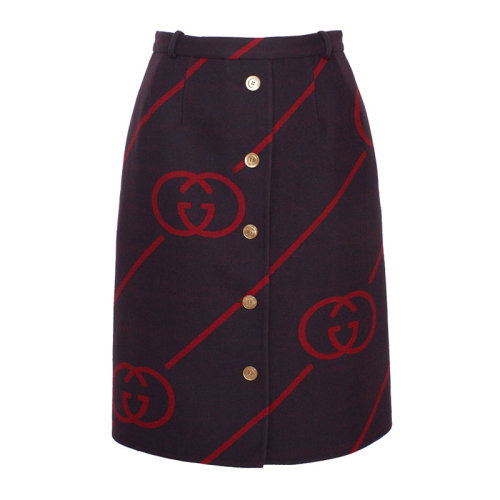 GUCCI 古馳  女裝 服裝 紫羅蘭色/紅色羊毛GG印花 女士半身裙