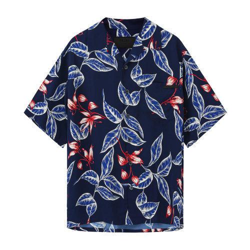 PRADA/普拉達 深藍色 男士百合印花絲質(zhì)短袖襯衫 UCS339_1VY4_F0008_S_201