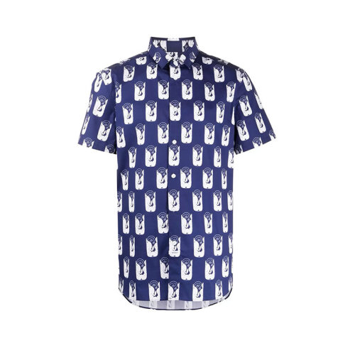 KENZO/高田賢三  凱卓男裝 圖案裝飾 男士藍(lán)色棉質(zhì)時(shí)尚方領(lǐng)春夏短袖襯衫 FA55CH5201LJ.76