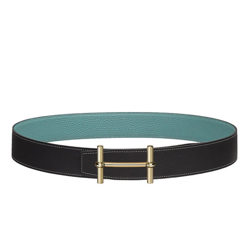 HERMES/愛馬仕 H系列 黑色/天空藍(lán)荔枝紋小牛皮 男士雙面金扣皮帶38毫米H077938CP2K/H077971CAAL090