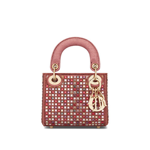 DIOR/迪奧 經(jīng)典款LADY DIOR系列 女士微型深粉色金屬帆布格網(wǎng)狀彩色水晶點(diǎn)綴飾金扣單肩斜挎手提戴妃包S0856OROX_M33E