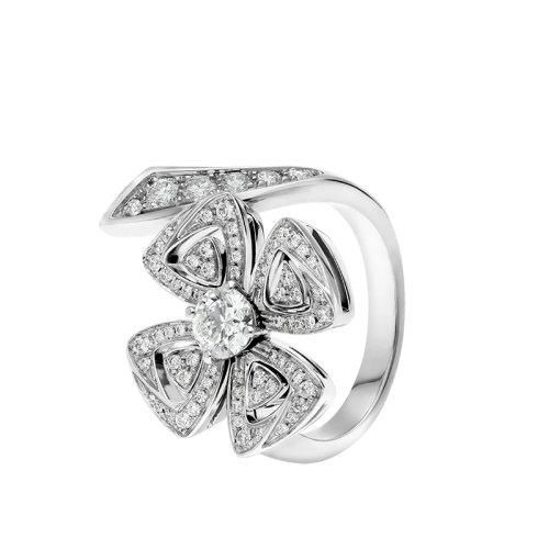 BVLGARI/寶格麗 經(jīng)典FIOREVER系列 18K金白金鑲嵌圓形主鉆密釘鉆石四葉草戒指指環(huán)356914