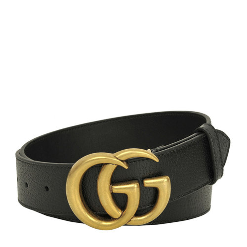 GUCCI/古馳 男士黑色牛皮革金色雙G金色LOGO標(biāo)識(shí)板扣式商務(wù)休閑皮帶腰帶 406831-DJ20T-1000