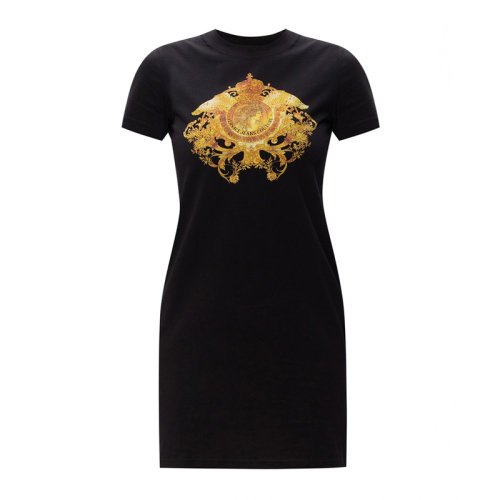 VERSACE JEANS/范思哲牛仔 女士黑色棉質(zhì)經(jīng)典印花圖案裝飾圓領(lǐng)短袖連衣裙 D2HWA418-11620-899