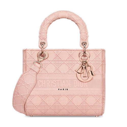 DIOR/迪奧 20Lady Dior 女士中號粉色刺繡帆布肩帶單肩手提包戴妃包 M0565JREY_M957