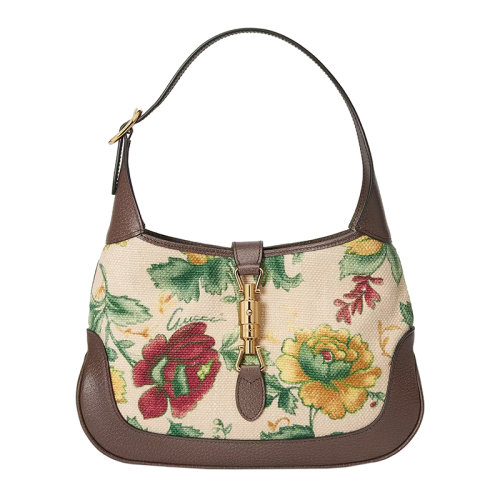 GUCCI/古馳 22新款 Jackie 1961系列 女士小號象牙色帆布飾復(fù)古風(fēng)格花卉印花棕色皮革滾邊金扣單肩手提腋下包636706U1WCG9090